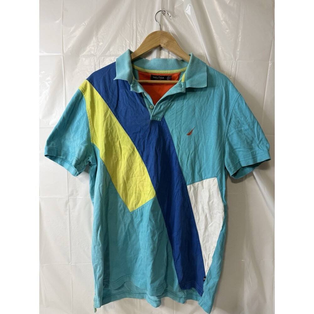 Nautica Polo Shirt Mens XL Slim Fit Colorblock Blue Green Yellow Short Sleeve